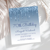 Budget Glitter Drip Blue 70th Birthday Invitation
