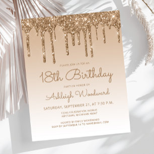 Budget Glitter Drip Gold 18th Birthday Invitation