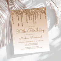 Budget Glitter Drip Gold 30th Birthday Invitation