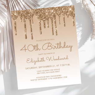 Budget Glitter Drip Gold 40th Birthday Invitation