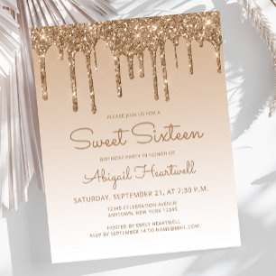 Budget Glitter Drip Gold Sweet 16 Invitation