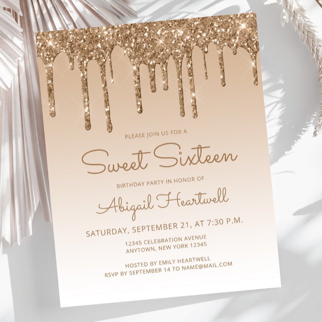 Budget Glitter Drip Gold Sweet 16 Invitation (Creator Uploaded)