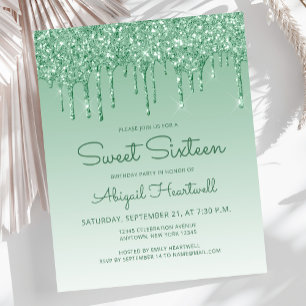 Budget Glitter Drip Green Sweet 16 Invitation