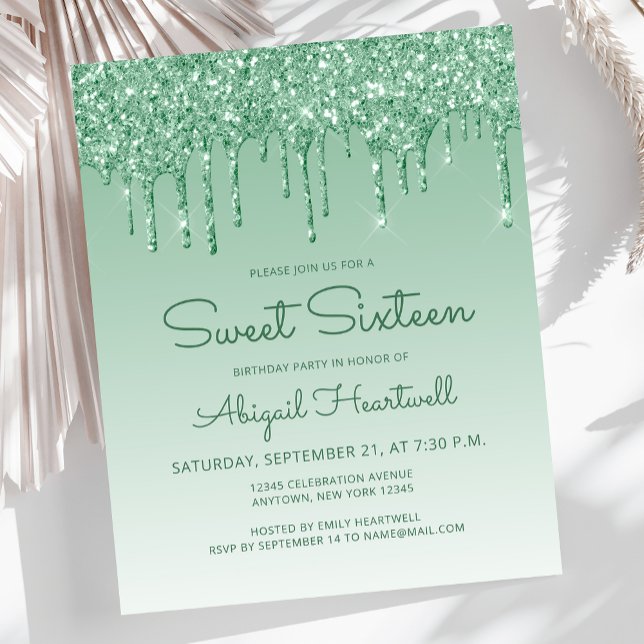 Budget Glitter Drip Green Sweet 16 Invitation (Creator Uploaded)
