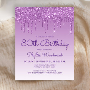 Budget Glitter Drip Purple 80th Birthday Invite