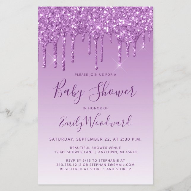 Budget Glitter Drip Purple Baby Shower Invite (Front)