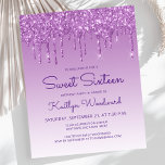 Budget Glitter Drip Purple Sweet 16 Invitation<br><div class="desc">This trendy Sweet Sixteen birthday party invitation features a sparkly purple faux glitter drip border and purple ombre background. The words "Sweet Sixteen" and the name of the guest of honour appear in casual purple handwriting script, with the rest of the customisable text in sans serif font. The same purple...</div>