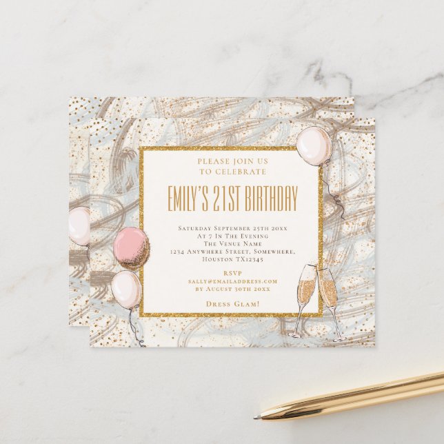 Budget Glitter Girl 21st Party Birthday Invitation (Front/Back In Situ)