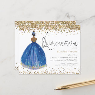 Budget Glitter Navy Dress Girl Quinceanera Invite