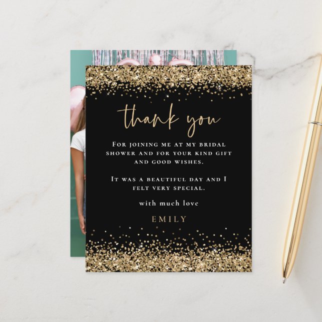 Budget Glitter Photo Bridal Shower Black Thank You (Front/Back In Situ)
