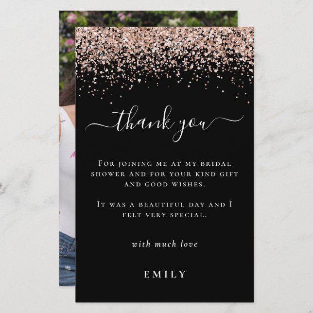 Budget Glitter Photo Bridal Shower Black Thank You (Front/Back)