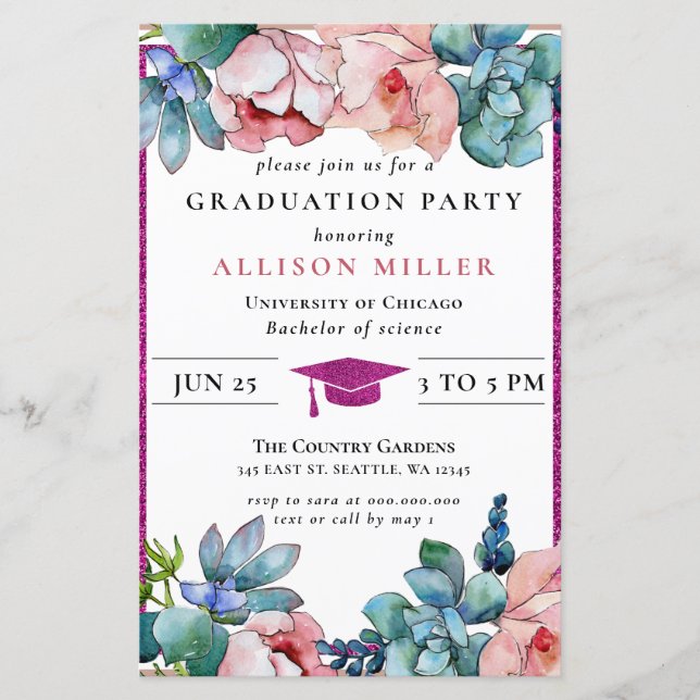 Budget Glitter Pink Floral Graduation Invitation (Front)