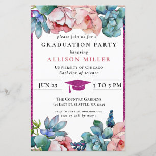 Budget Glitter Pink Floral Graduation Invitation