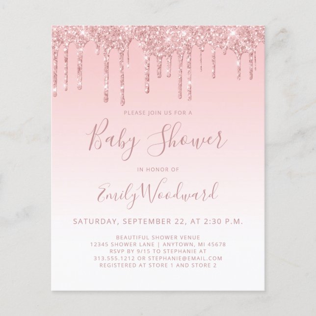 Budget Glitter Pink Girl Baby Shower Invitation (Front)