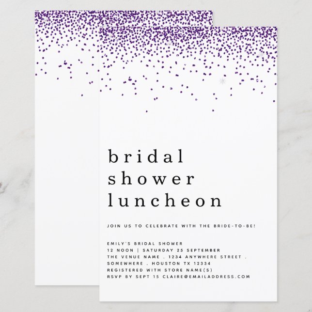 Budget Glitter Purple Bridal Shower Lunch Invite (Front/Back)