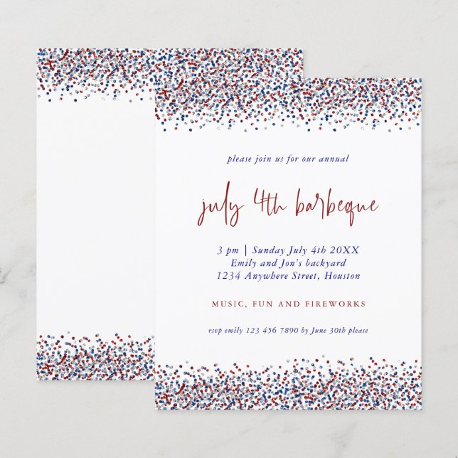 Budget Glitter Red Blue White 4th July BBQ Invite (Front/Back)