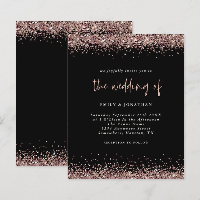 Budget Glitter Rose Gold Wedding Black Invitation (Front/Back)
