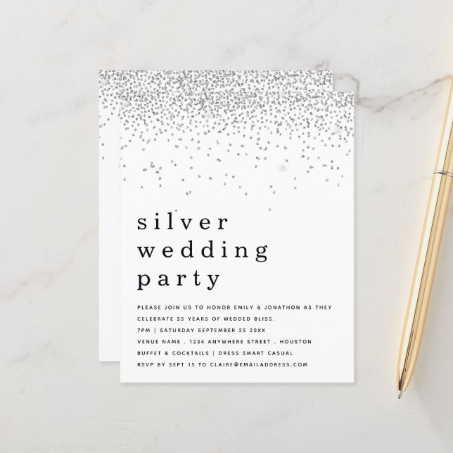 Budget Glitter Silver Wedding Party Invite (Front/Back In Situ)