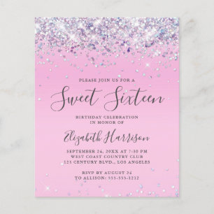 Budget Glitter Sweet 16 Birthday Party Invitation
