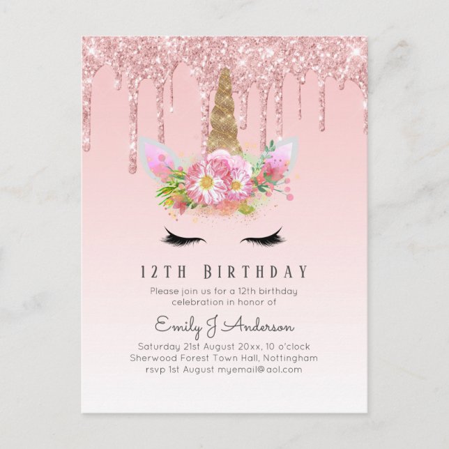 Budget Glitter Unicorn 12th Birthday Pink Gold Postcard (Front)