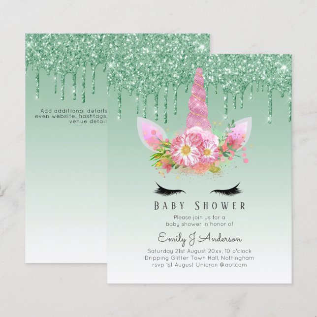 BUDGET Glitter Unicorn Baby Girl Shower Invitation (Front/Back)