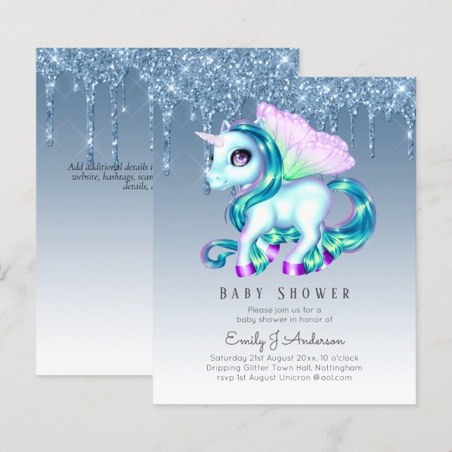 BUDGET Glitter Unicorn Baby Girl Shower Invitation (Front/Back)