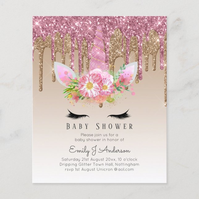 BUDGET Glitter Unicorn Baby Girl Shower Invitation Flyer (Front)