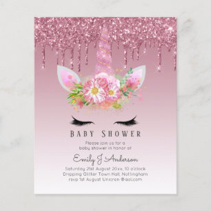 BUDGET Glitter Unicorn Baby Girl Shower Invitation Flyer
