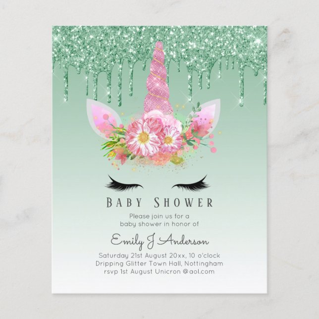BUDGET Glitter Unicorn Baby Girl Shower Invitation Flyer (Front)