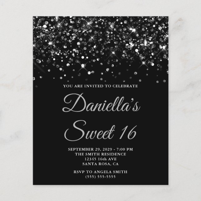 Budget Glittery Black Sweet 16 Invite (Front)
