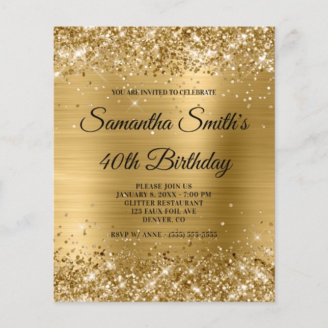 Budget Glittery Gold Foil 40th Birthday Invitation (Front)
