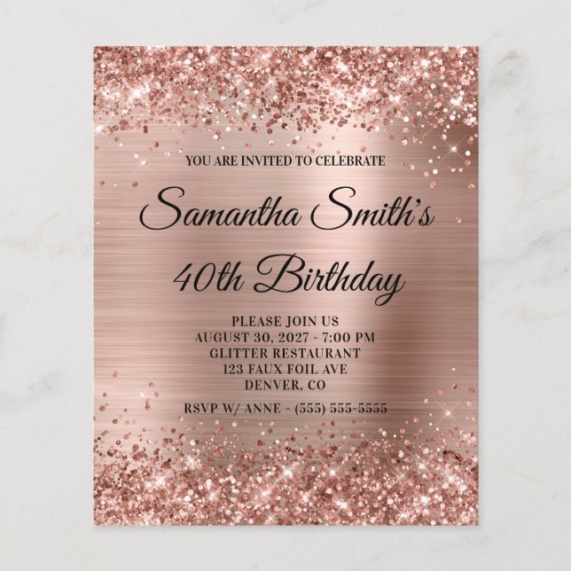 Budget Glittery Rose Gold Glam Birthday Invite (Front)