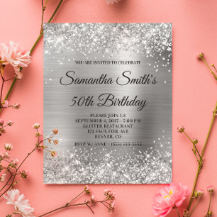 Budget Glittery Silver Foil 50th Birthday Invite