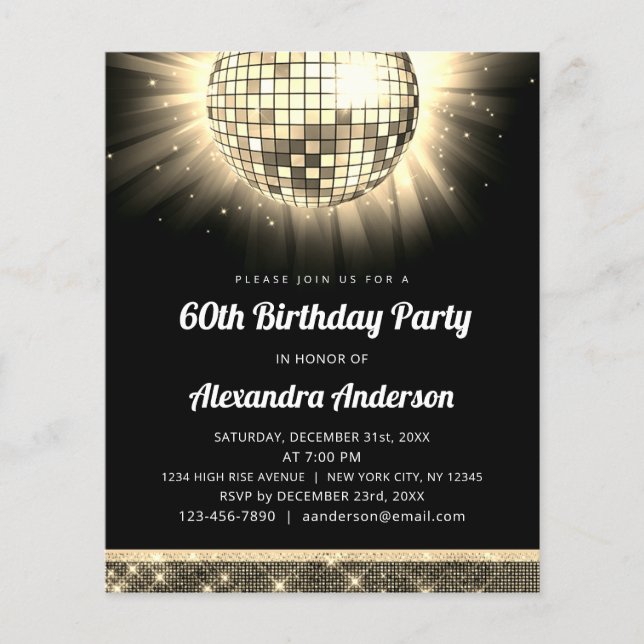 Budget Gold 60th Birthday Party 70's Disco Ball Flyer (Front)