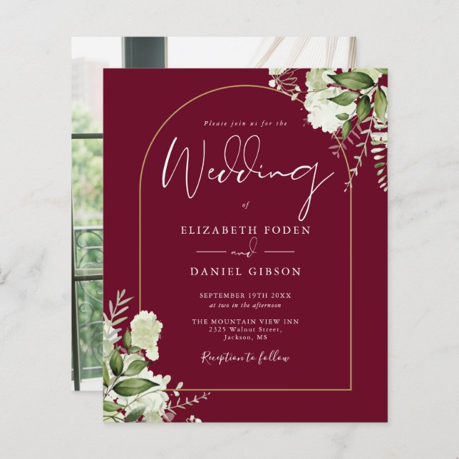 Budget Gold Arch Burgundy Photo Wedding Invite (Front/Back)