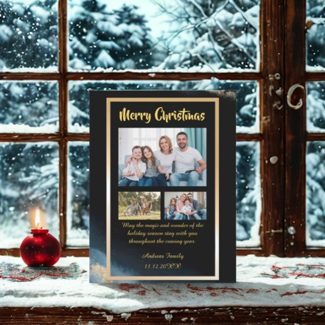 Budget Gold Black Christmas  3 Photo Holiday Card (Creator Uploaded)
