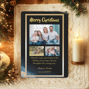 Budget Gold Black Christmas 3 Photo Holiday Card