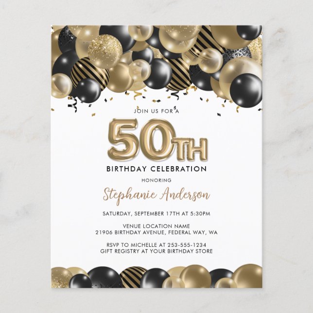 Budget Gold Black Glitter 50th Birthday Invitation (Front)