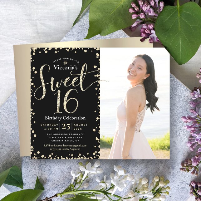 Budget Gold Black Glitter Photo Sweet 16 Invite (Creator Uploaded)