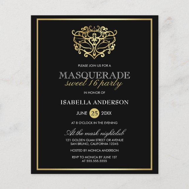 Budget Gold & Black Masquerade Sweet 16 Party (Front)