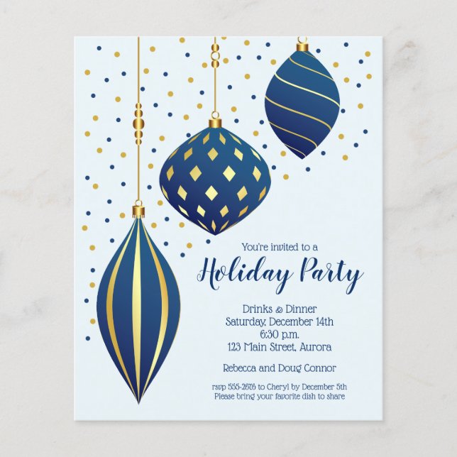 Budget Gold Blue Christmas Ornaments Invitation Flyer (Front)