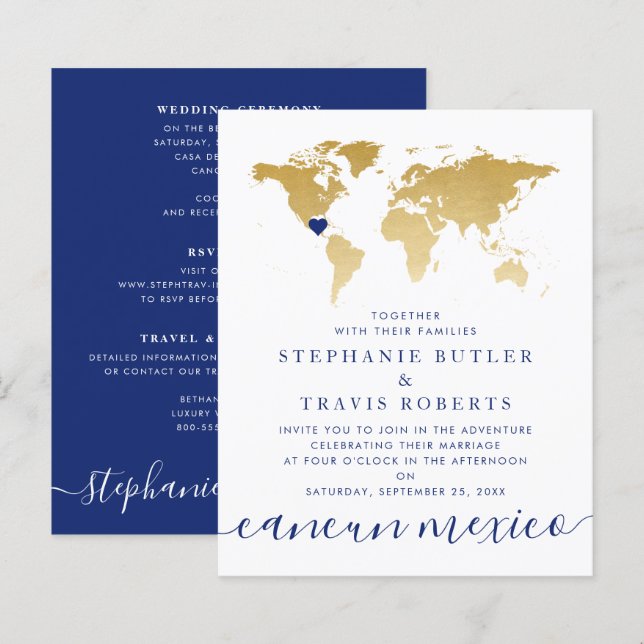 Budget Gold Blue Map Destination Wedding Invite (Front/Back)
