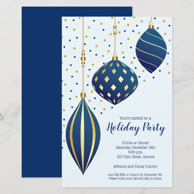 Budget Gold Blue Ornaments Christmas Invitations (Front/Back)