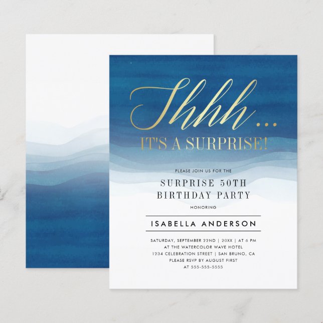 Budget Gold & Blue Watercolor Surprise Birthday (Front/Back)