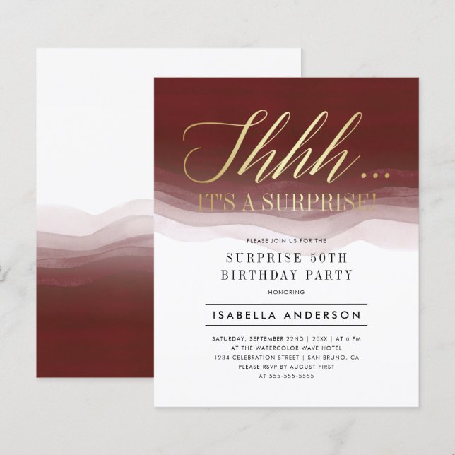 Budget Gold Burgundy Watercolor Surprise Birthday (Front/Back)