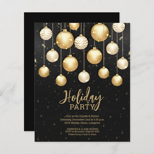 Budget Gold Christmas Tree Ornaments Black Invites (Front/Back)