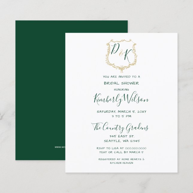 Budget Gold Crest Green Bridal Shower Invitation (Front/Back)