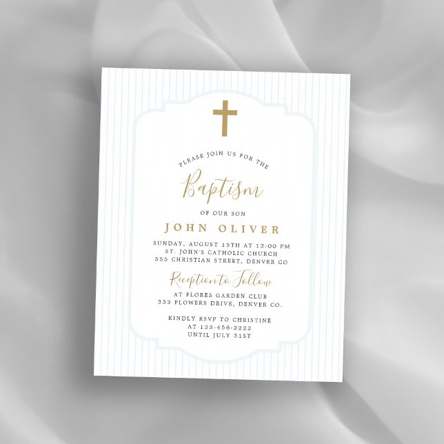 Budget gold cross blue boy baptism invitation (Creator Uploaded)