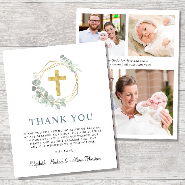 Budget Gold Cross Greenery Photo Baptism Thank You (Creator Uploaded)