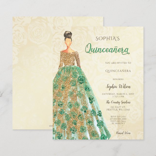 Budget Gold Emerald Green Dress Quinceanera  (Front/Back)
